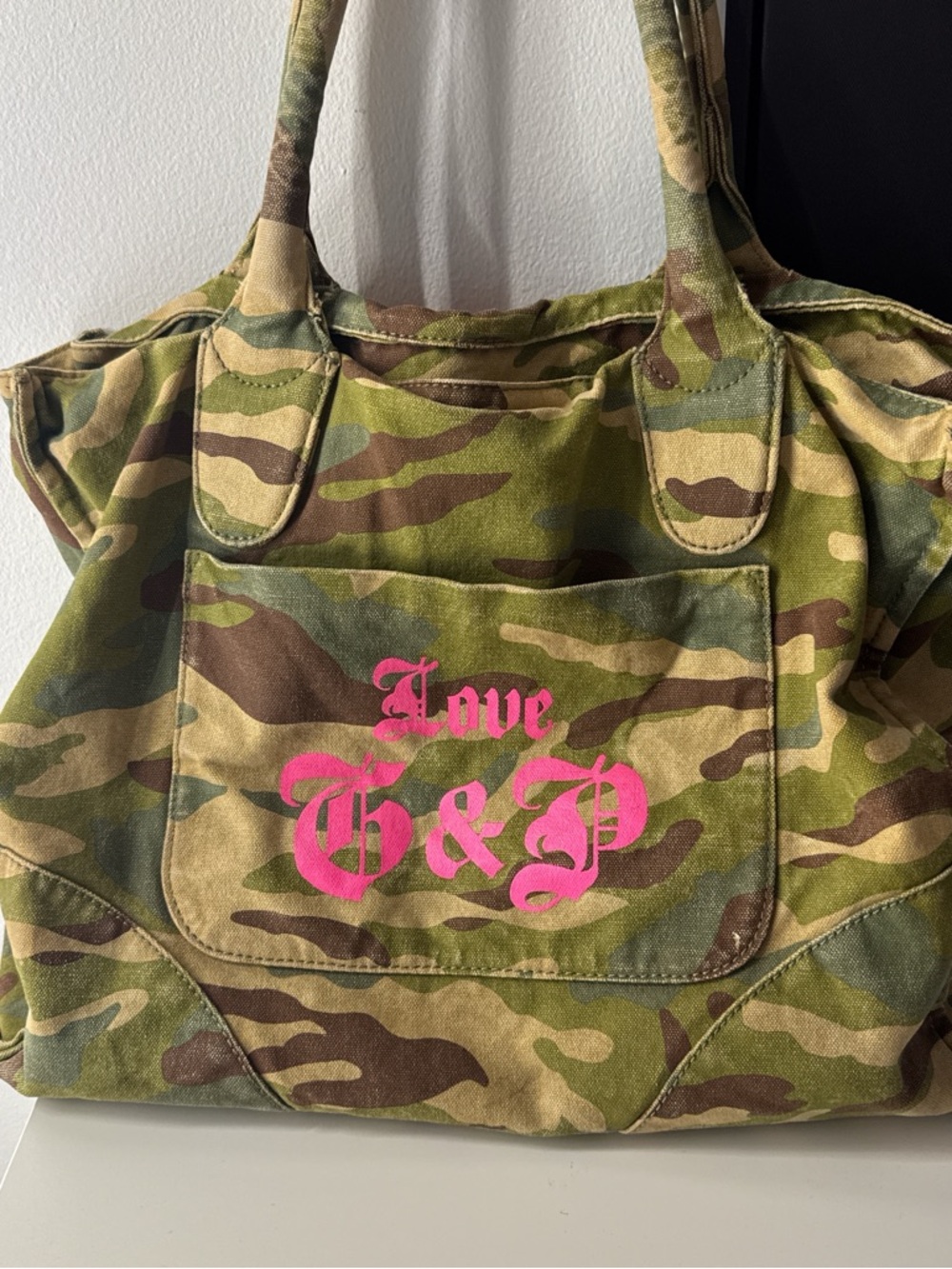 Juicy Couture Camo Canvas Tote with Hot Pink 'Love G&P' Print